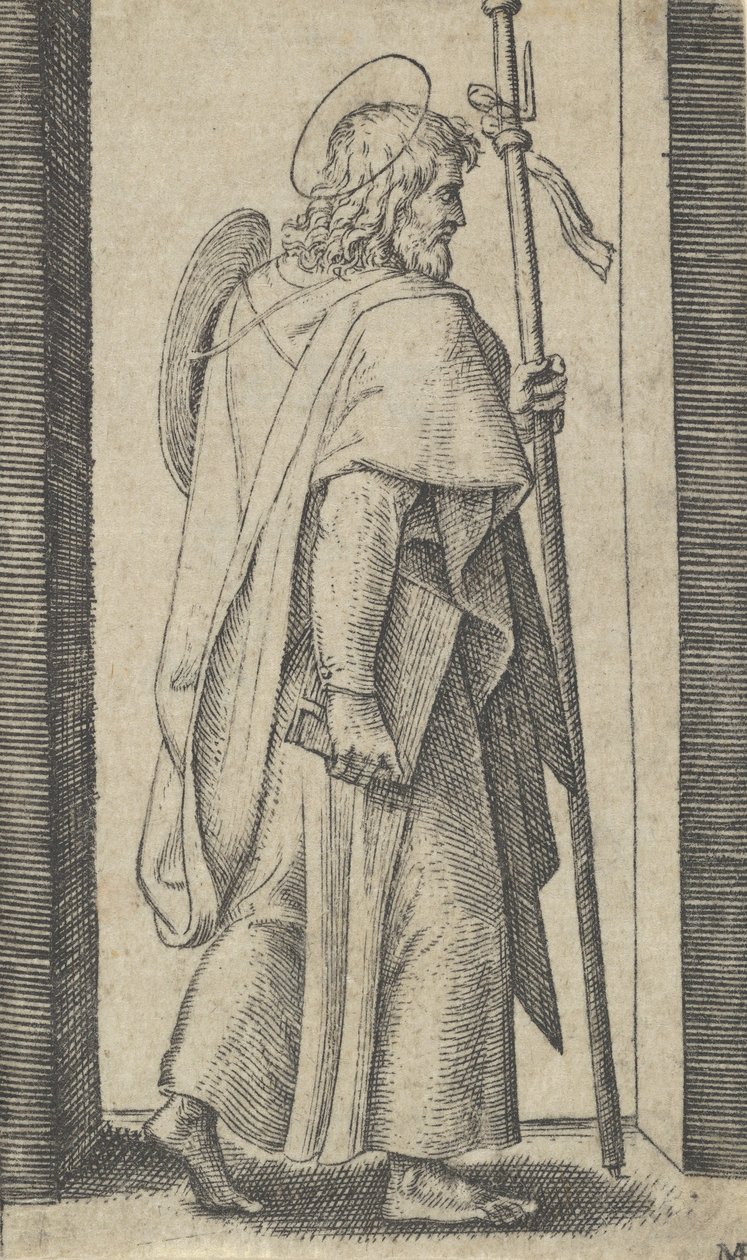 Saint James Major, kniha je jeho pravá ruka, hůl v jeho levé tváří vpravo, od t..., ca. 1500-1527. od Marcantonio Raimondi