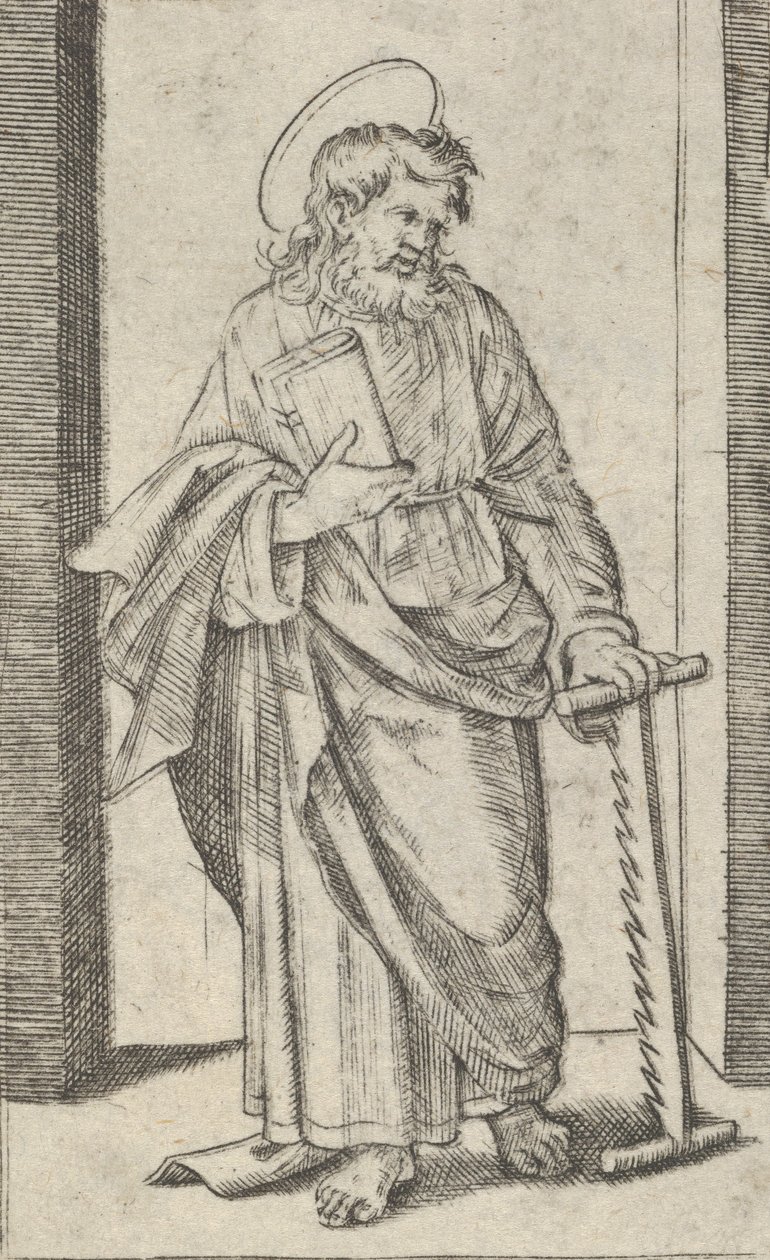 Saint Simon, pila ve snížené levé ruce, ze série 