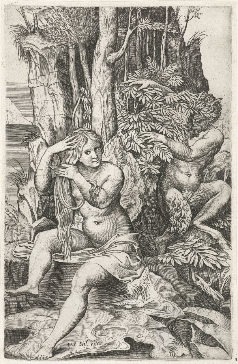 Satyr špehuje nymfu na jejím záchodě Pan a Syrinx od Marcantonio Raimondi