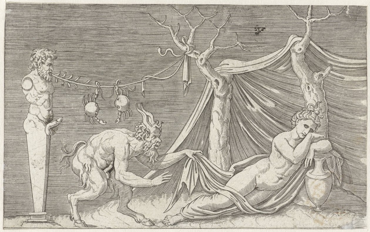 Satyr pronásleduje spící nymfu Mytologické reprezentace po starověkých basreliéfech (název série) od Marcantonio Raimondi