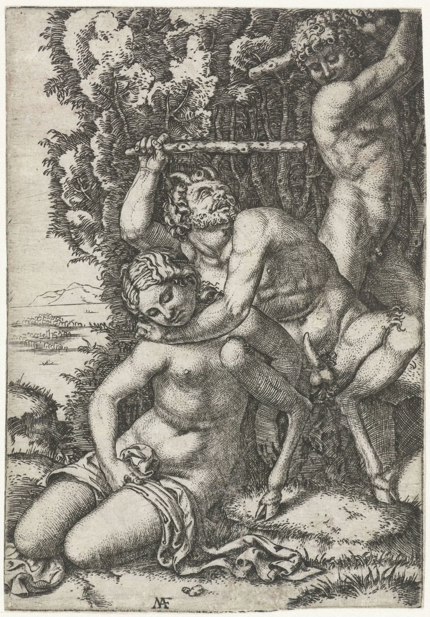 Satyr a mladý muž bojující o nymfu od Marcantonio Raimondi
