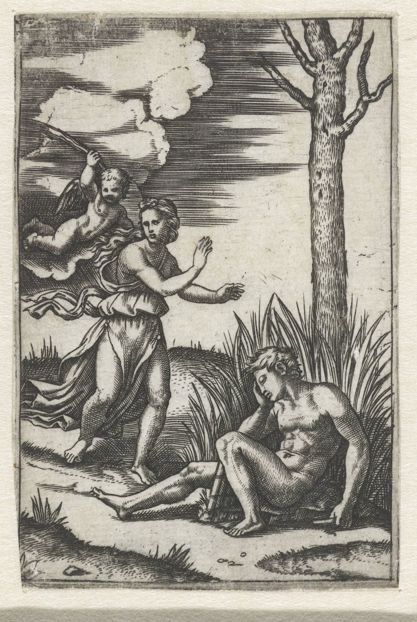 Spící muž a nymfa pronásledovaní Amorem od Marcantonio Raimondi