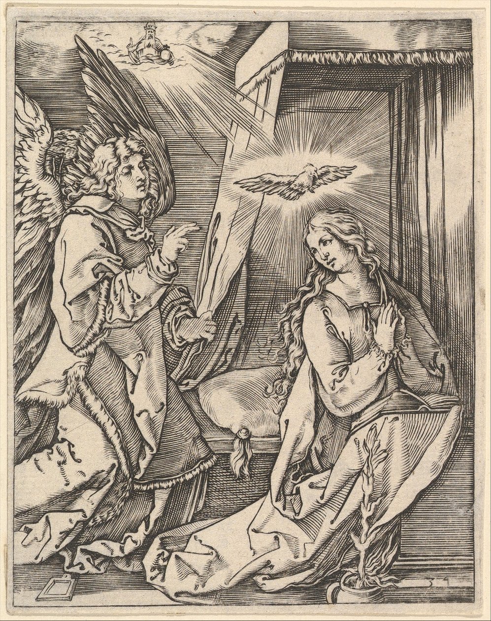 Zvěstování, vlevo archanděl Gabriel přistupuje k modlící se Panně..., ca. 1500-1534. od Marcantonio Raimondi