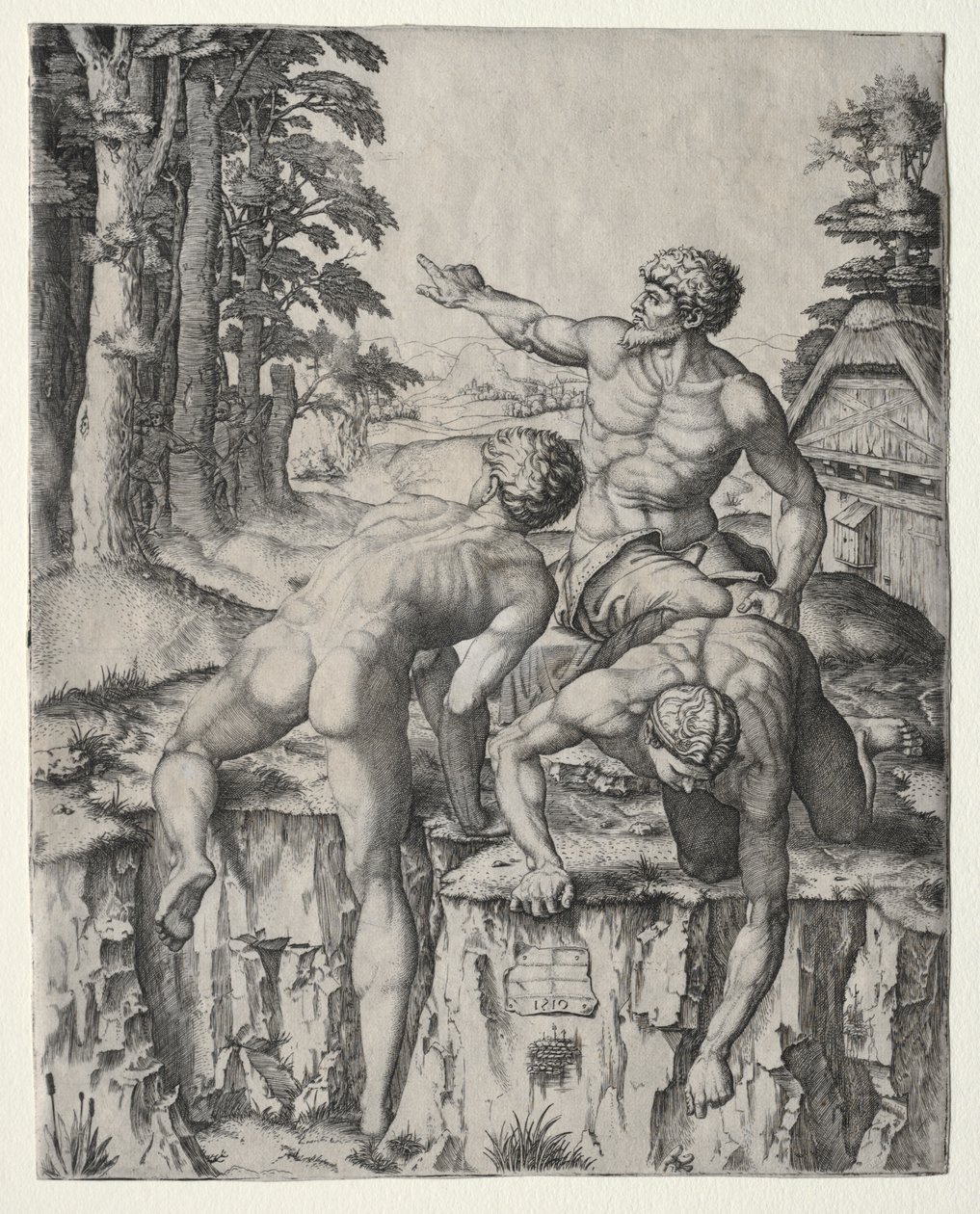 Horolezci (Tři postavy z Michelangelovy bitvy u Casciny) od Marcantonio Raimondi