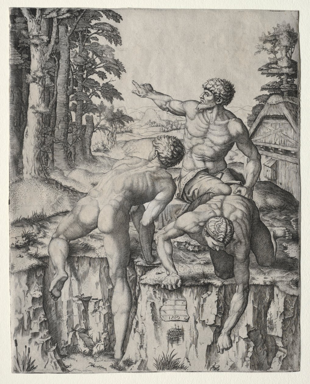 Tři postavy horolezců z Michelangelovy bitvy u Casciny, 1510. od Marcantonio Raimondi