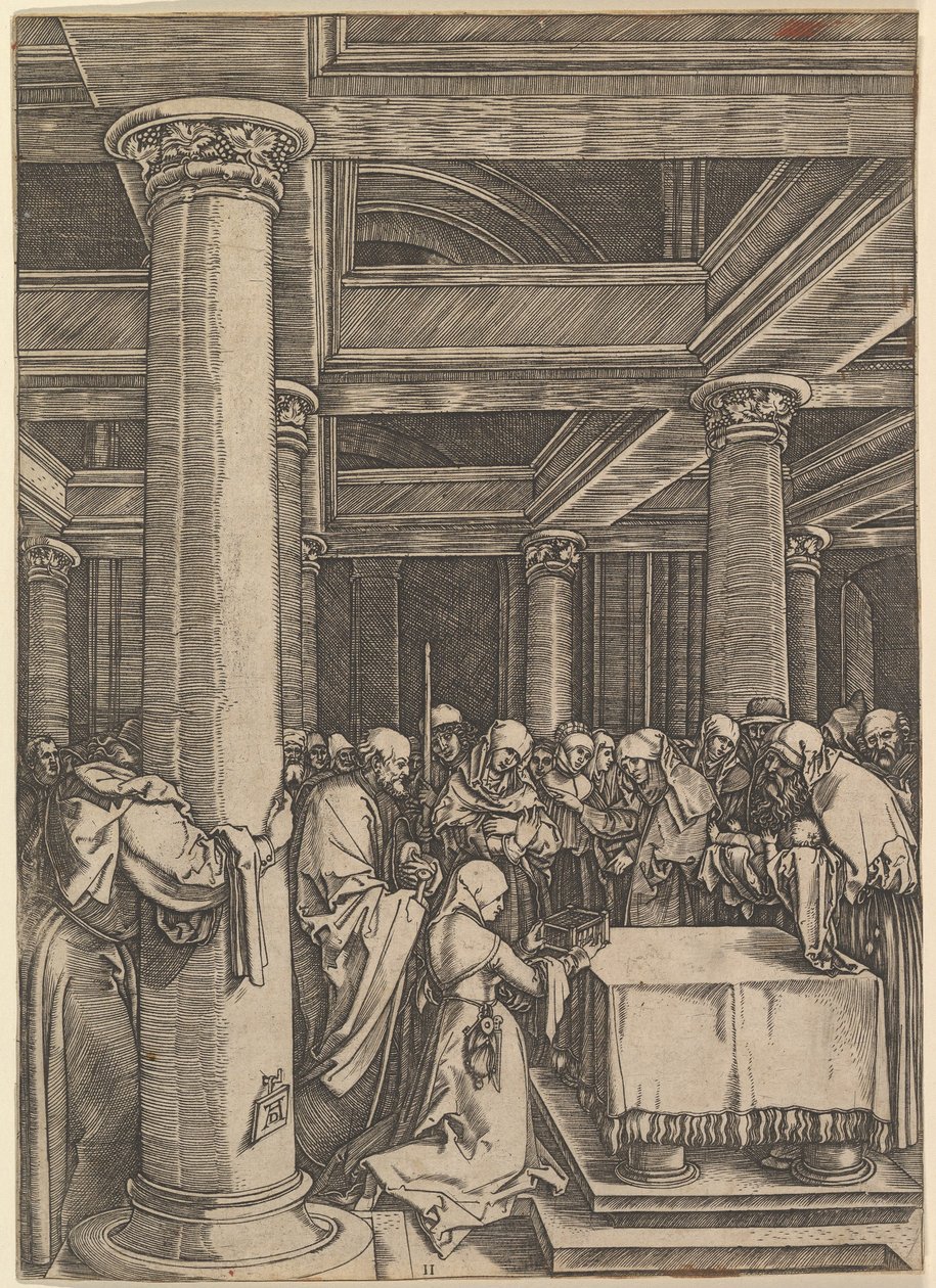 Představení Ježíše Simeonovi v chrámu po Dürerovi, ca. 1500-1534. od Marcantonio Raimondi