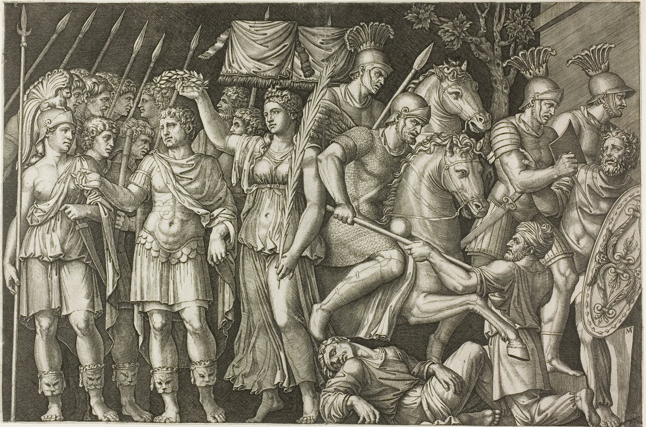 Trajan korunován vítězstvím od Marcantonio Raimondi