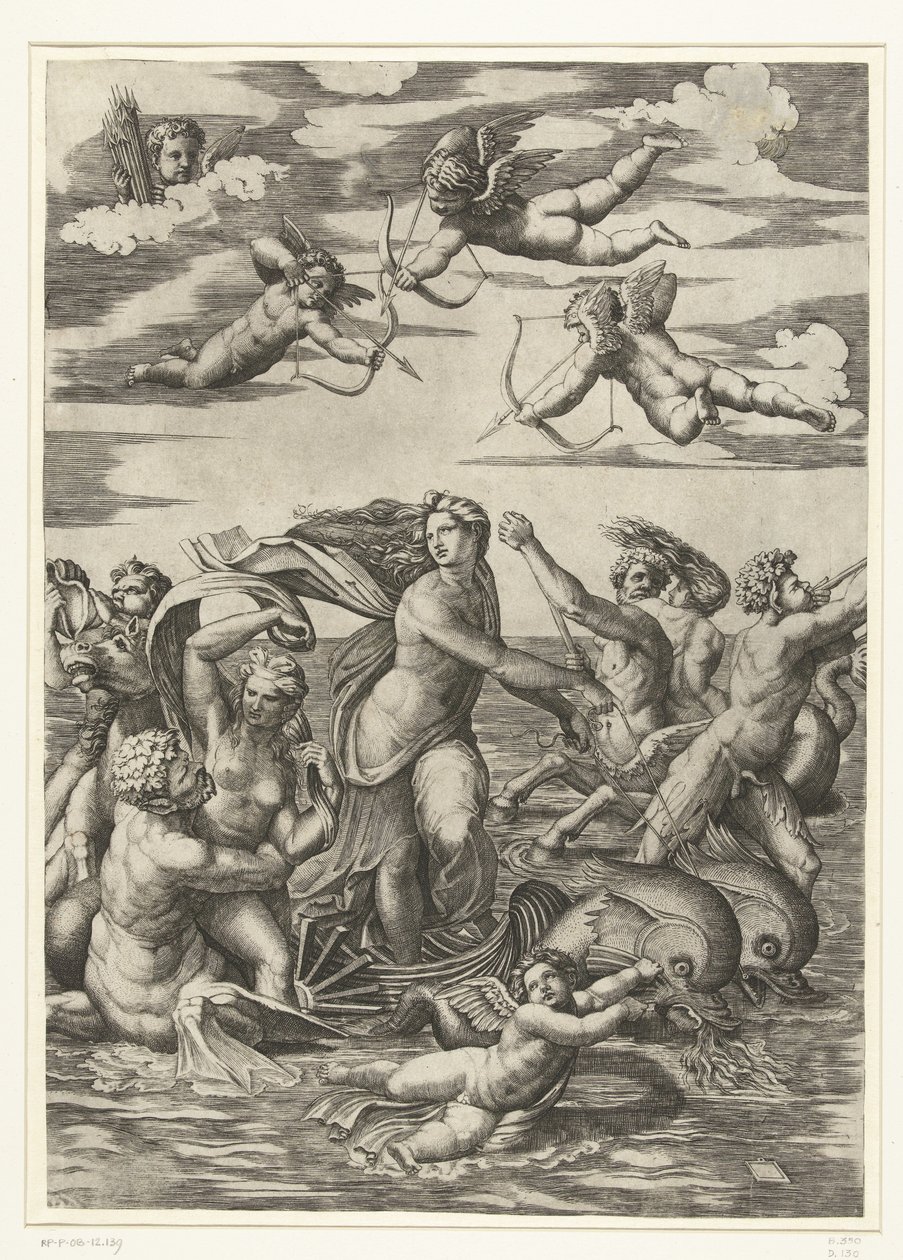 Triomf van Galatea se setkal s tritony v nereïden v putti od Marcantonio Raimondi
