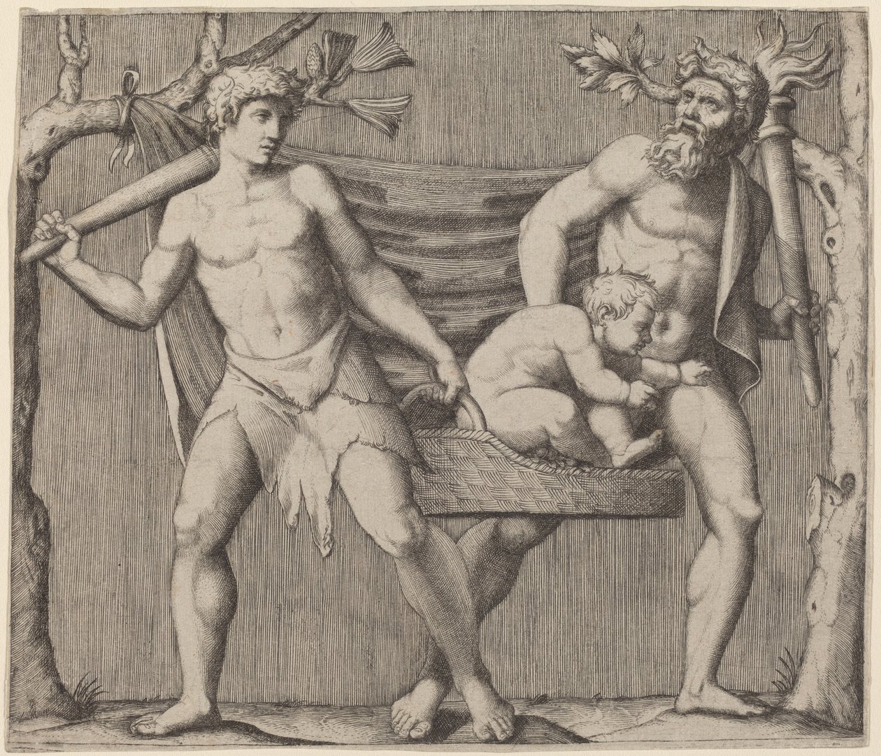 Dva fauni nesoucí dítě od Marcantonio Raimondi