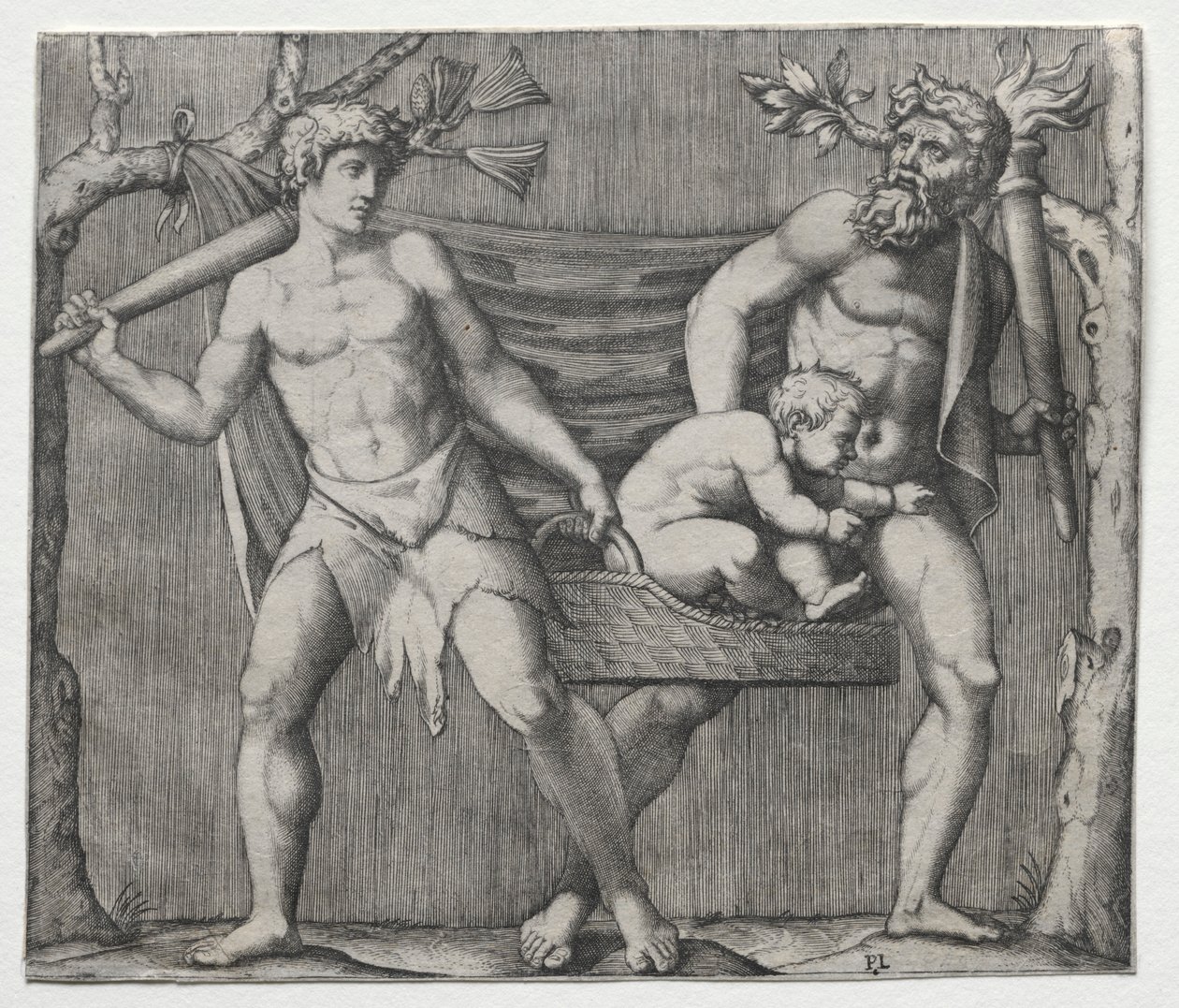 Dva fauni nesoucí dítě v košíku, c. 1513-1515. od Marcantonio Raimondi