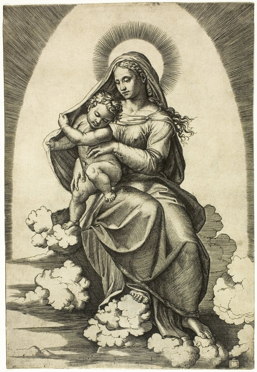 Panna a dítě sedí na oblacích od Marcantonio Raimondi