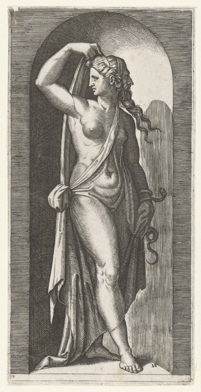 Žena jako zosobnění Prudentie s hadem a maskou Sedm ctností (název série) od Marcantonio Raimondi