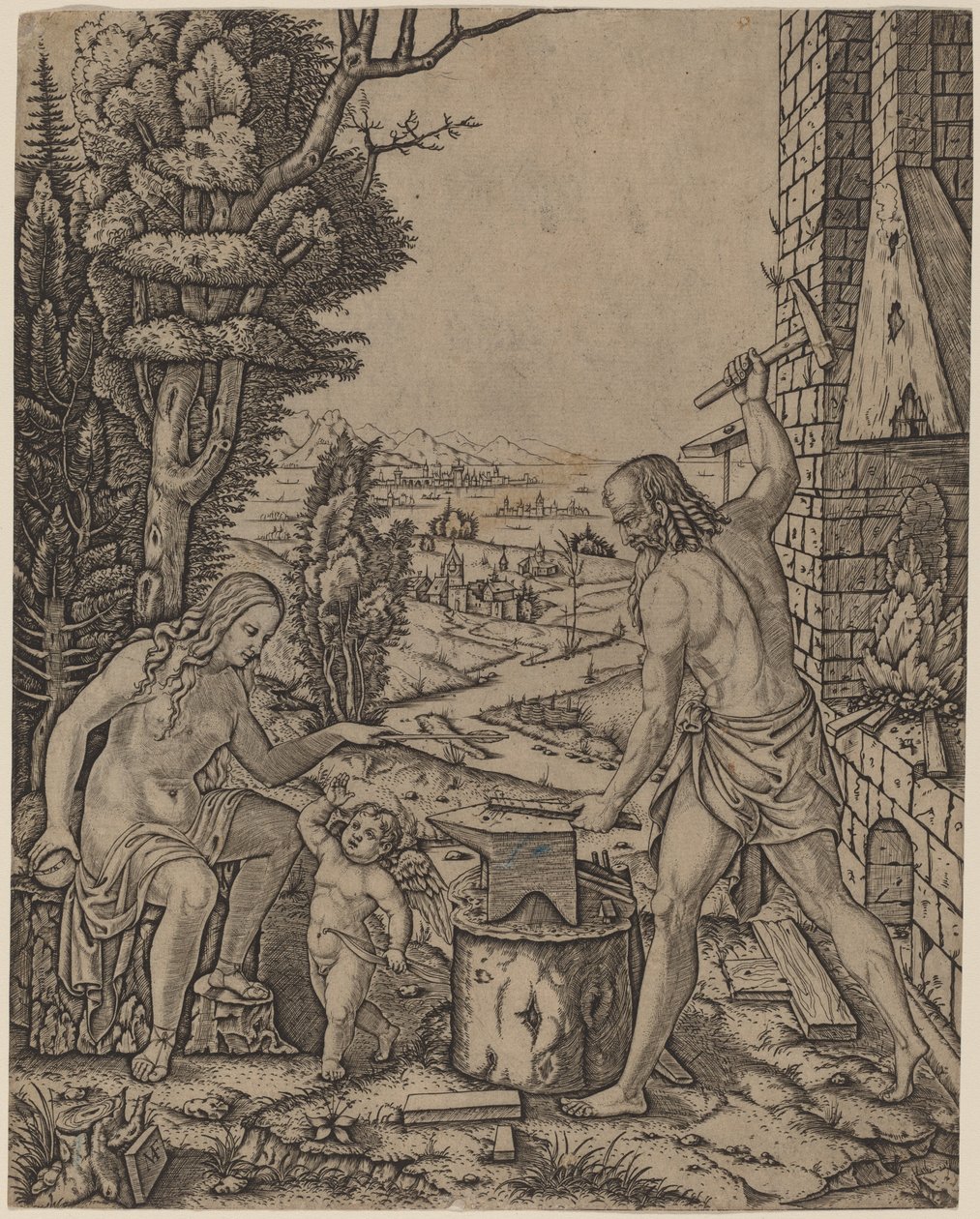 Vulkán, Venuše a Eros od Marcantonio Raimondi