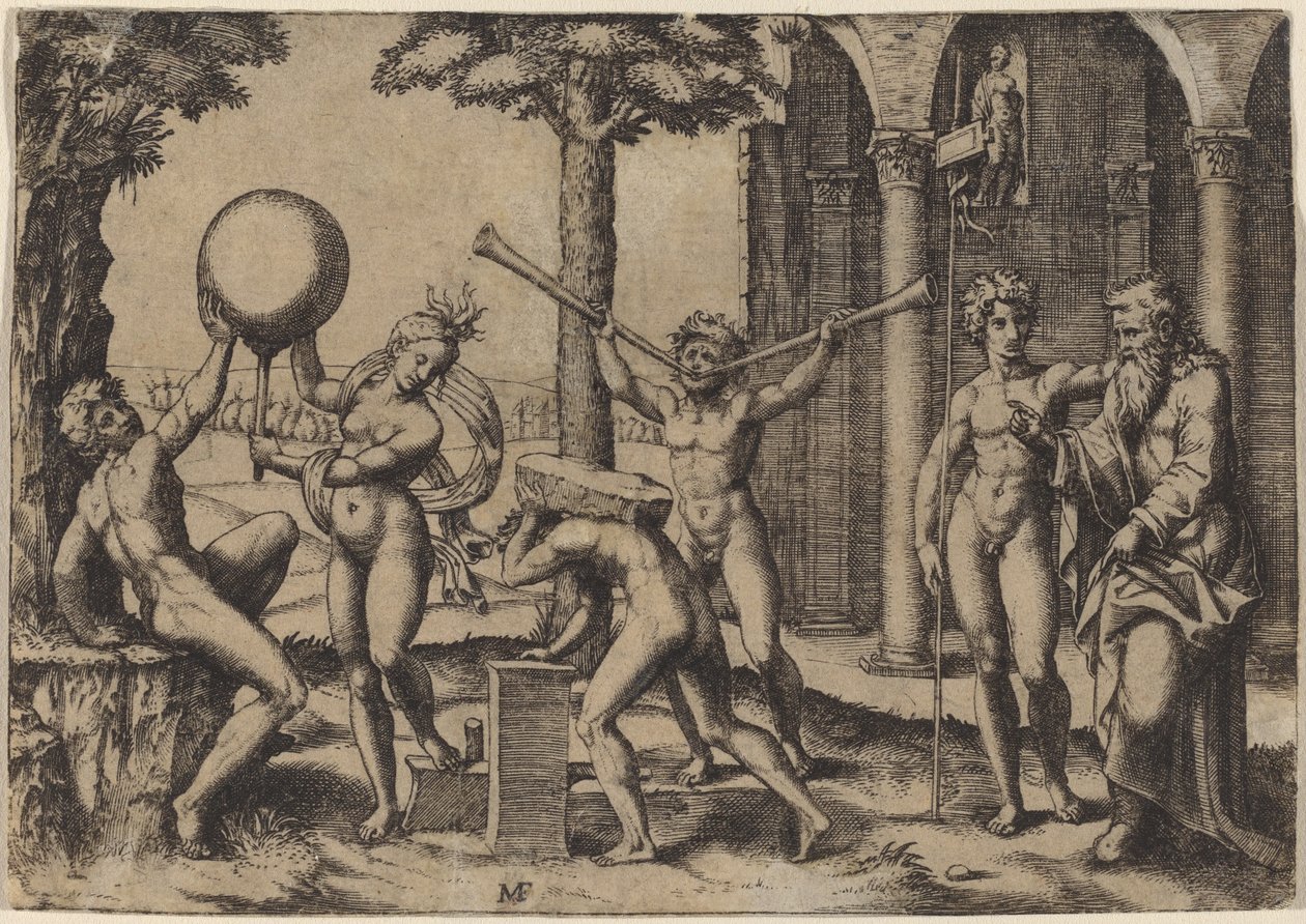 Muž se dvěma trubkami od Marcantonio Raimondi after Baccio Bandinelli