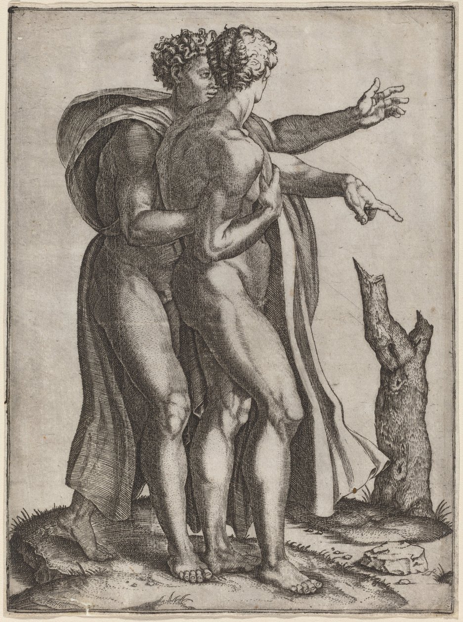 Dva nazí muži od Marcantonio Raimondi after Michelangelo