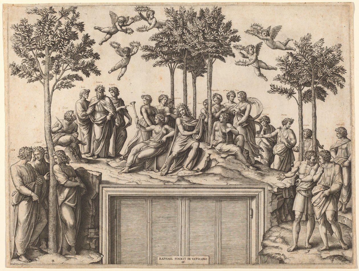 Apollo na Parnasu od Marcantonio Raimondi after Raphael