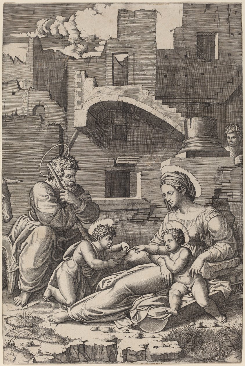 Svatá rodina s mladým svatým Janem Křtitelem (Madona z dlouhého stehna) od Marcantonio Raimondi after Raphael
