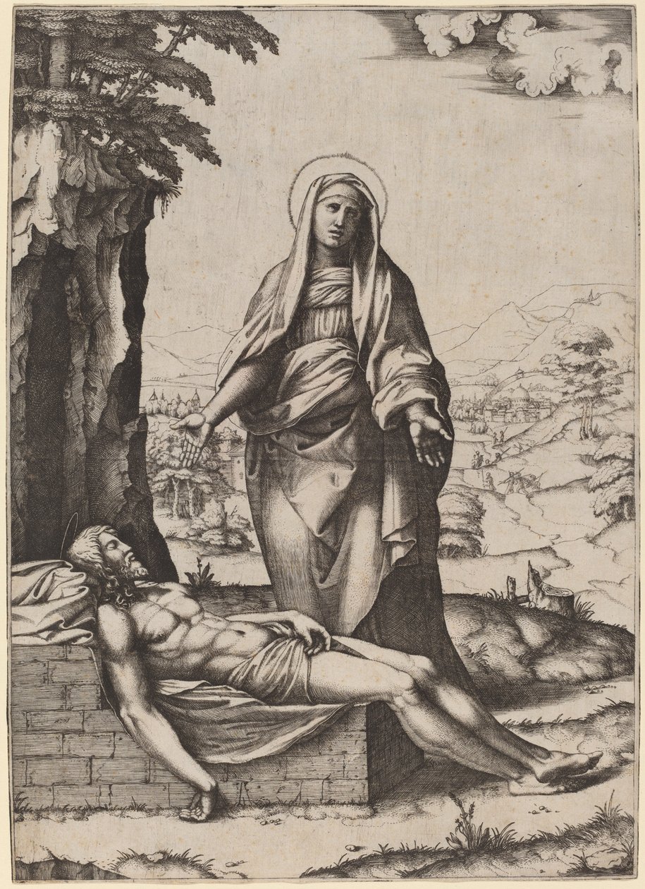 Oplakávání Panny Marie od Marcantonio Raimondi after Raphael