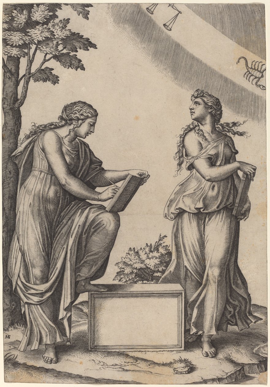 Dvě ženy se zvěrokruhem od Marcantonio Raimondi after Raphael