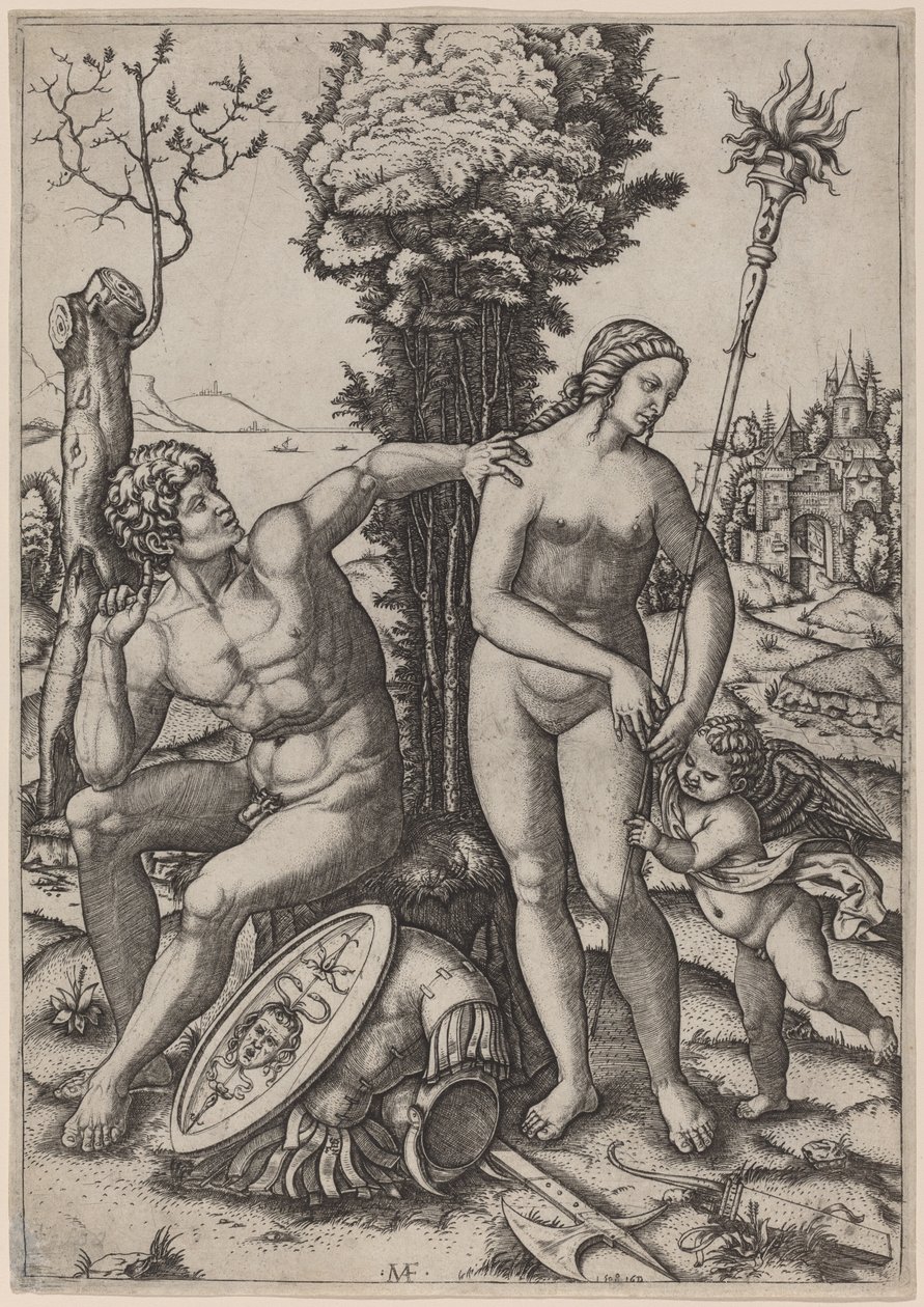 Mars, Venuše a Eros od Marcantonio Raimondi possibly after Andrea Mantegna