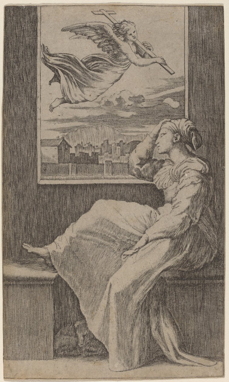 Zamyšlená žena od Marcantonio Raimondi possibly after Raphael
