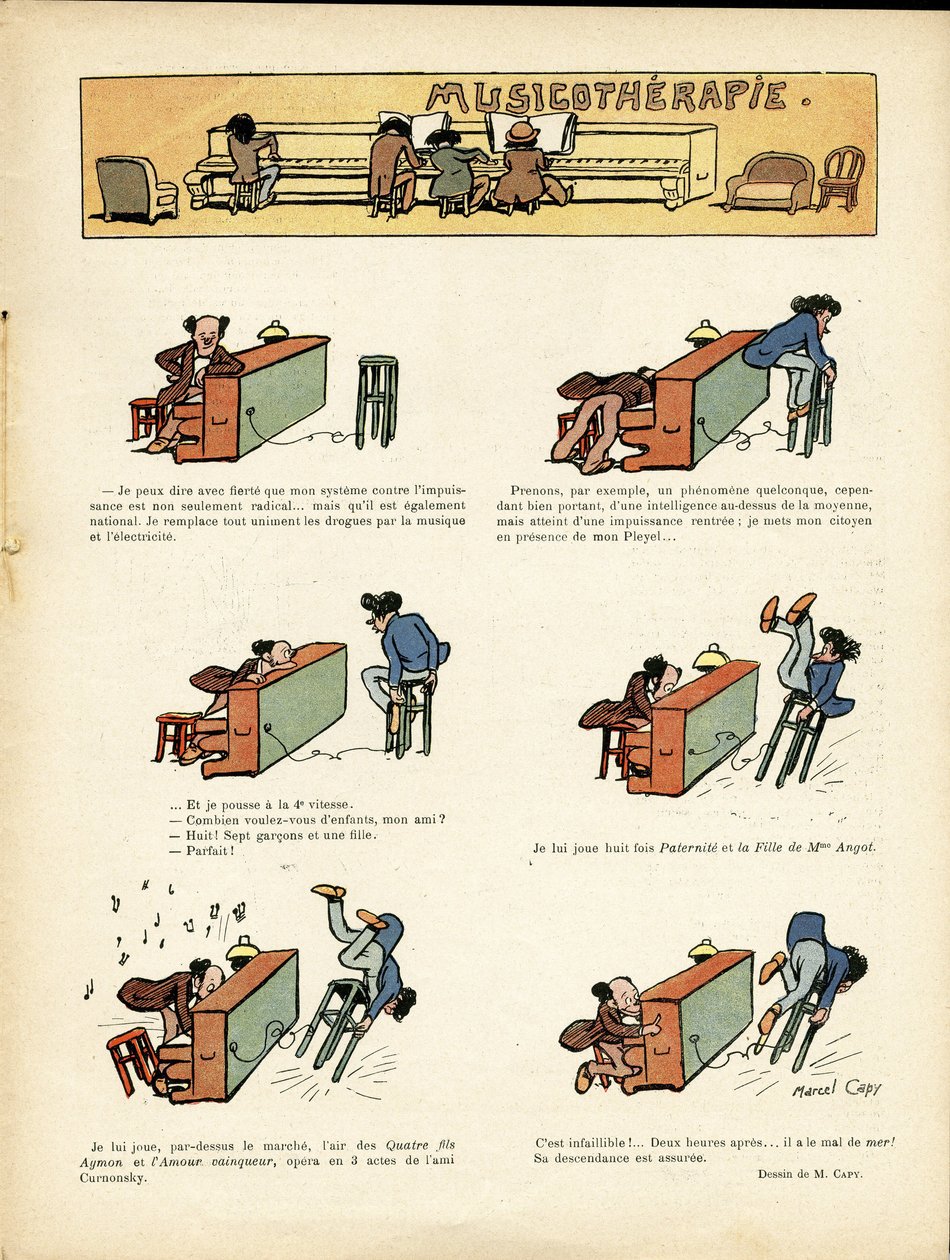 Ilustrace Marcel Capy (1865-1941) v Le Rire, 30. 3. 12 - Muzikoterapie - hudba, klavír od Marcel Amable O.L. Capy