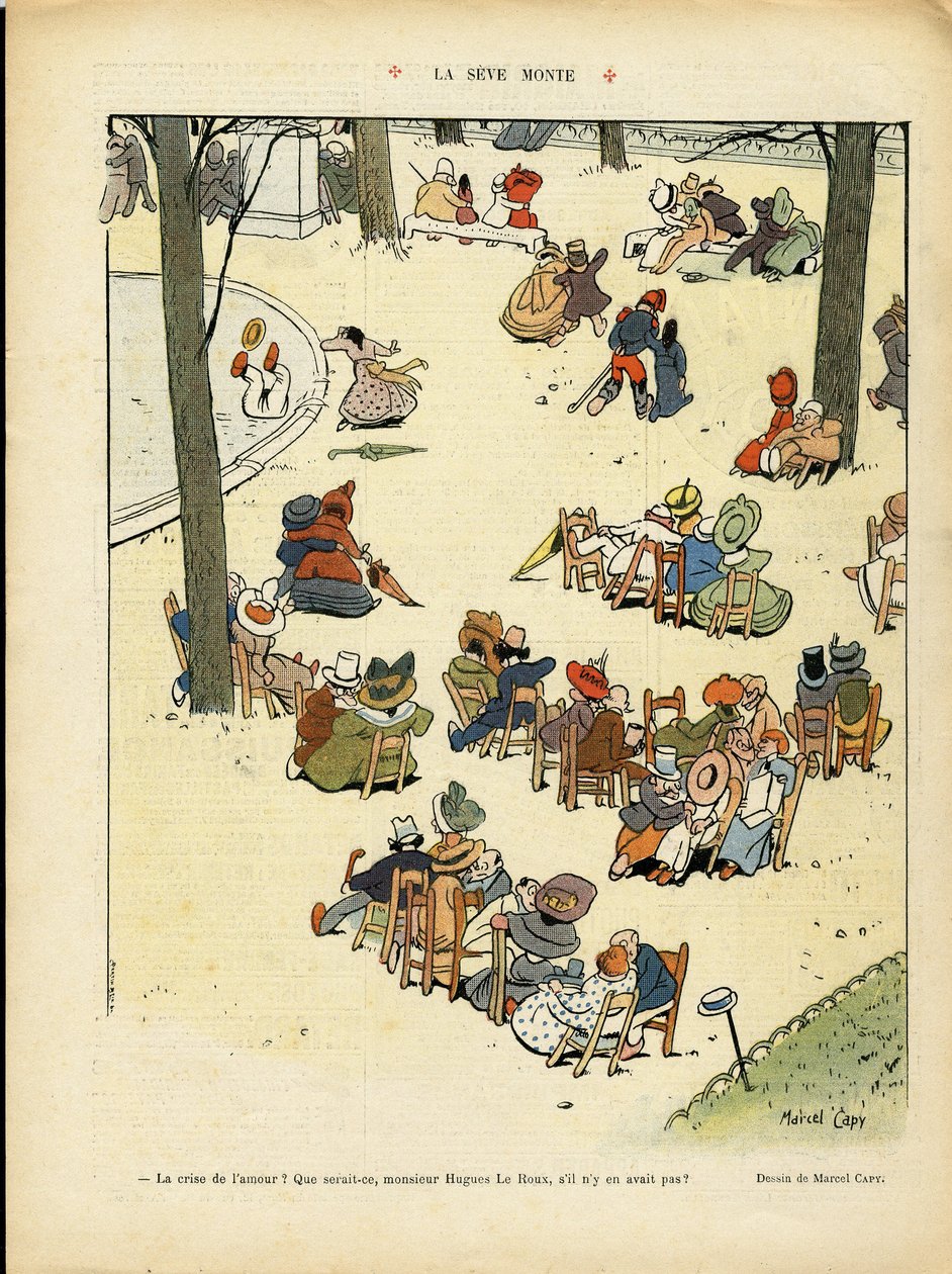Ilustrace Marcela Capyho (1865-1941) v Le Rire, 2.5.2008 - La seve monte - Láska, veřejná zahrada, strom od Marcel Amable O.L. Capy