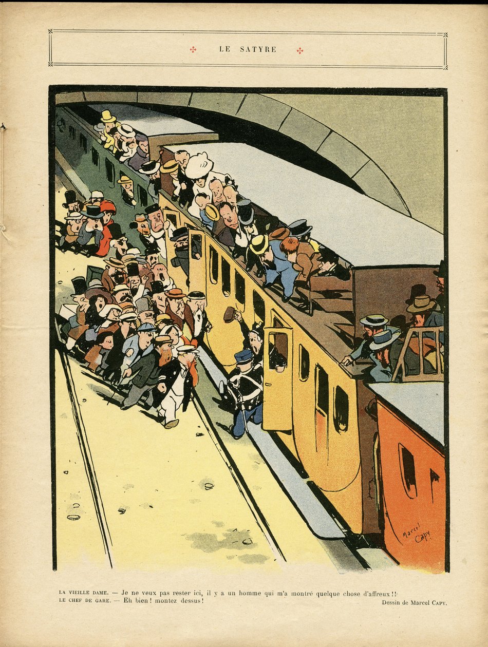 Ilustrace Marcela Capyho (1865-1941) v Le Rire, 03/09/10 - The satyre - Architektura Urban Planning, Train Railway, Bridge od Marcel Amable O.L. Capy