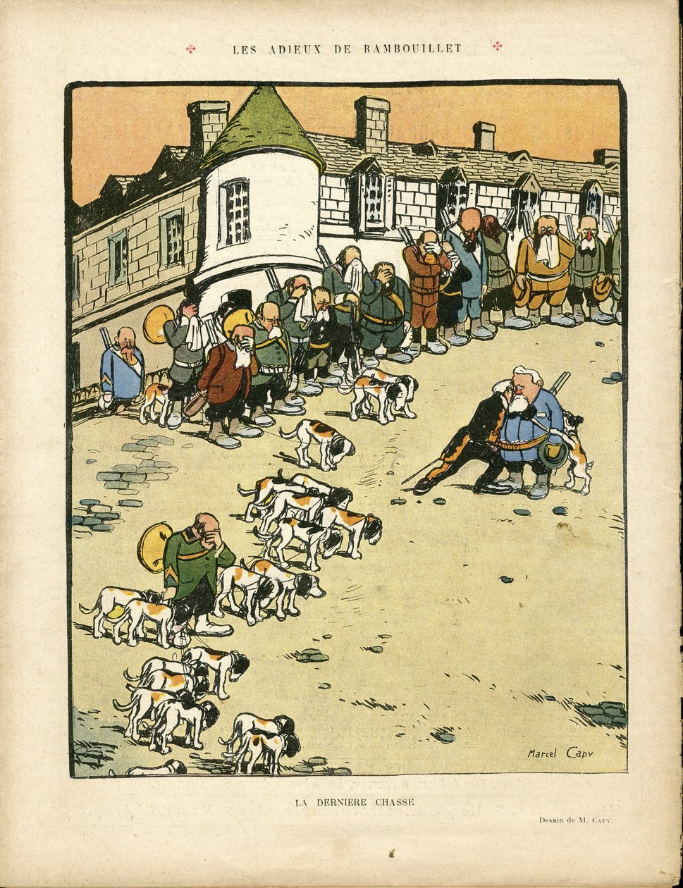 Ilustrace Marcela Capyho (1865-1941) v Le Rire, 22.02.13 - Loučení Rambouillet - Lovec, prezident republiky, Rambouillet - Fallieres Armand (1841-1931) od Marcel Amable O.L. Capy