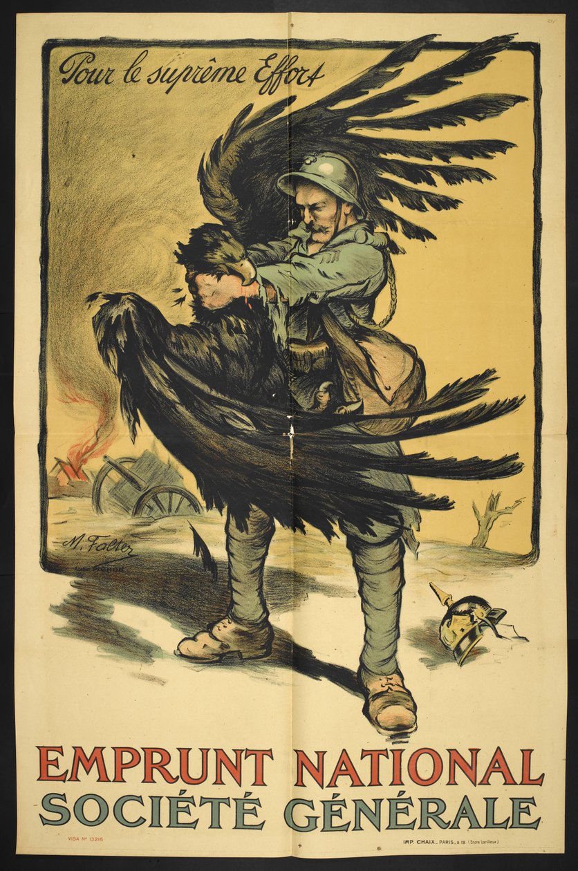 Obrázek francouzského vojáka škrtícího velkého ptáka (reprezentujícího Německo?). od Marcel Falter