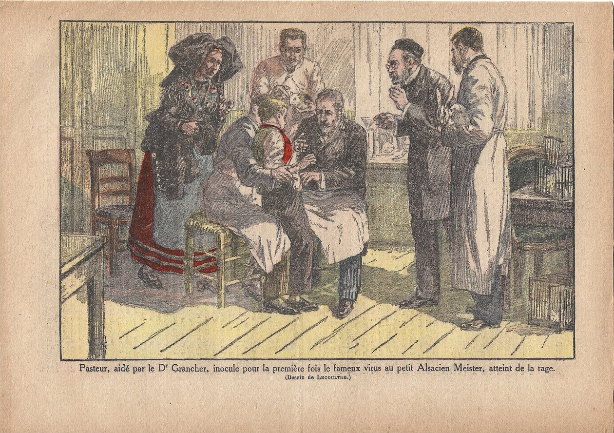 Pasteur, za pomoci doktora Granchera, poprvé naočkoval slavný virus malému alsaskému mistrovi, infikovanému vzteklinou., Le Pèlerin, 5.11.1922 (tisk) od Marcel Lecoultre