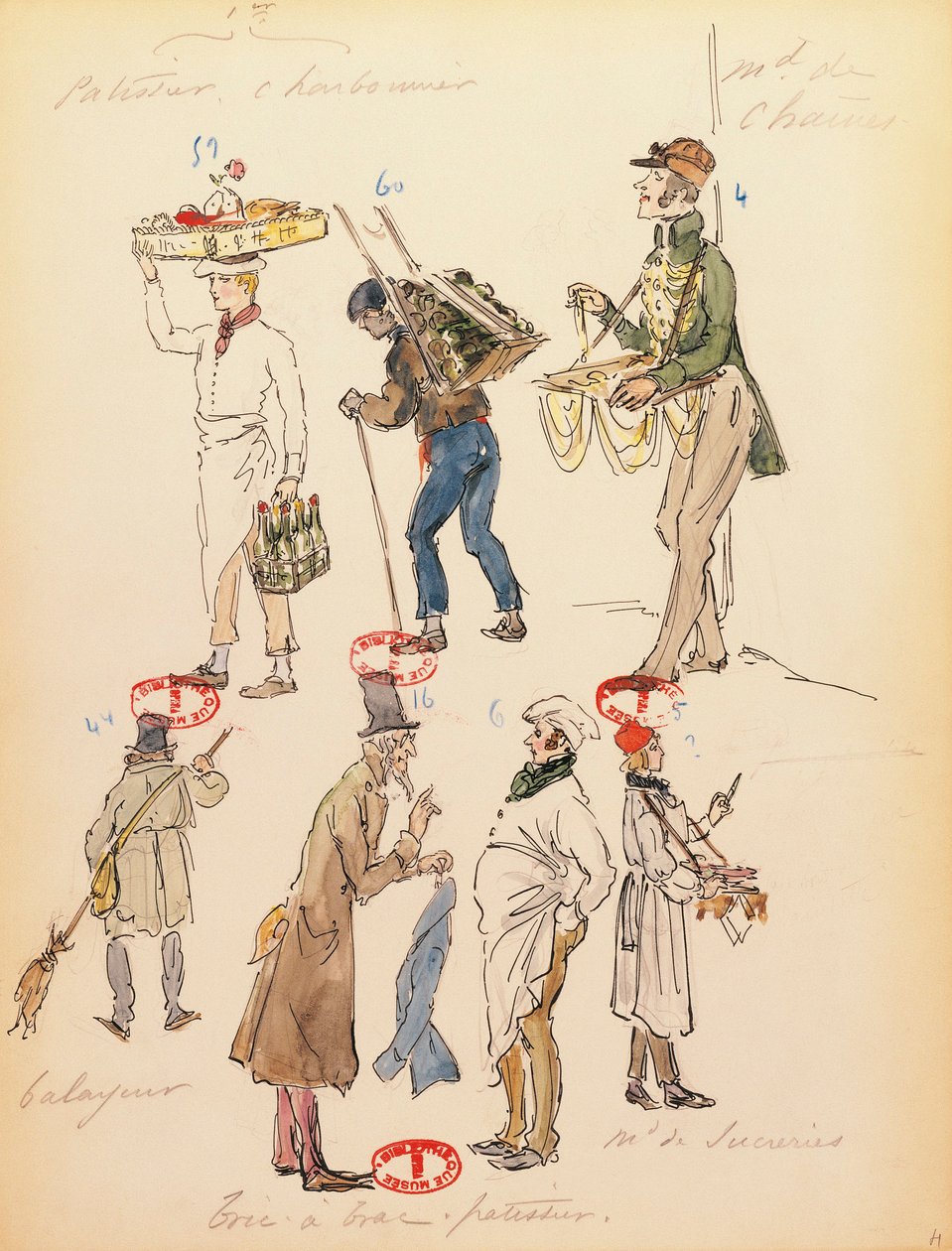 Francie, Paříž, Kostýmní skica pro kompars v opeře La boheme od Giacoma Pucciniho (1858-1924), představení v Paris Opera Comique, 13. června od Marcel Multzer