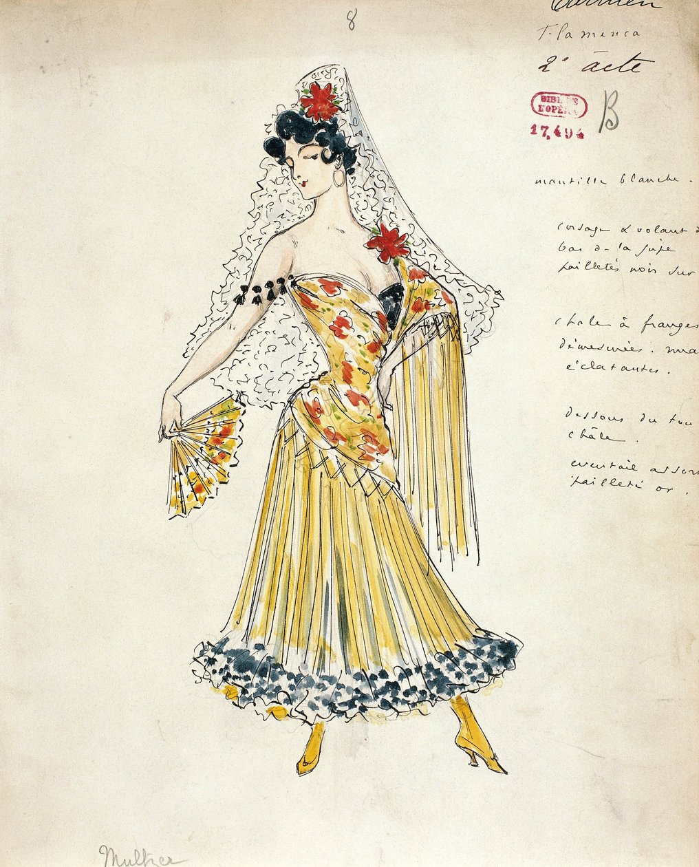 Francie, Paříž, Náčrt kostýmu pro tanečnice flamenca pro Carmen od Georgese Bizeta od Marcel Multzer