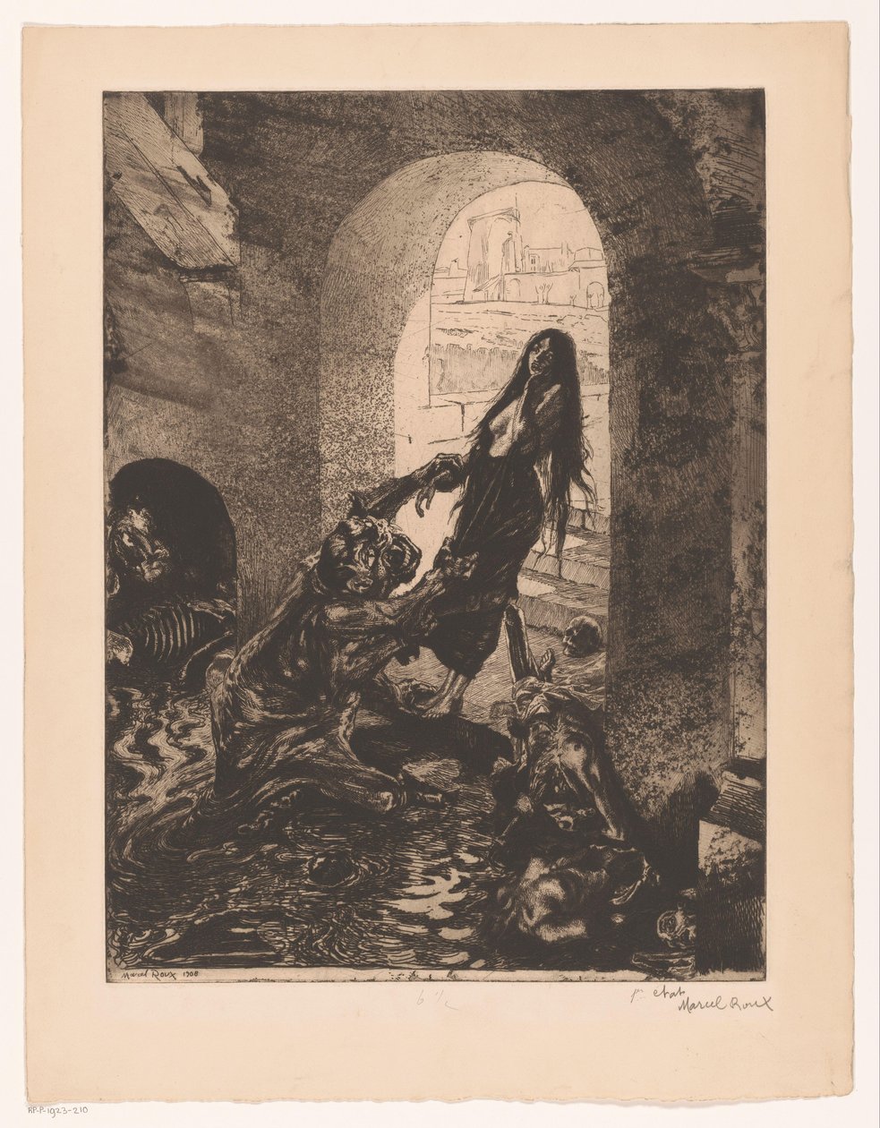 Monster popadne ženu stojící ve dveřích Ofrande a Moloch (název na objektu) Dívka rozkoše (název seriálu) Fille de Joie (název série na objektu) od Marcel Roux (signed by artist)