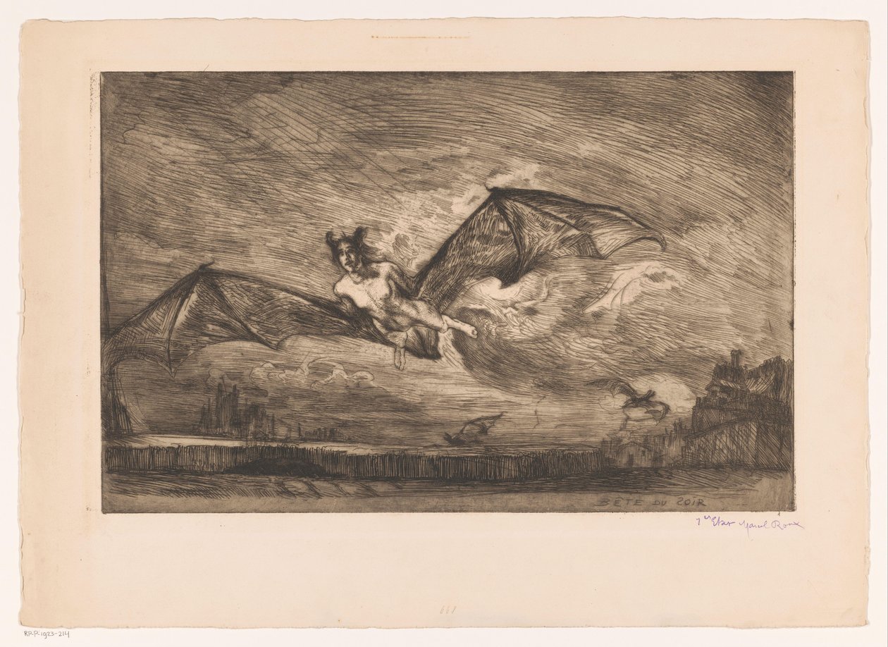 Noční krajina s netopýřími tvory Bête du soir (název na objektu) od Marcel Roux (signed by artist)