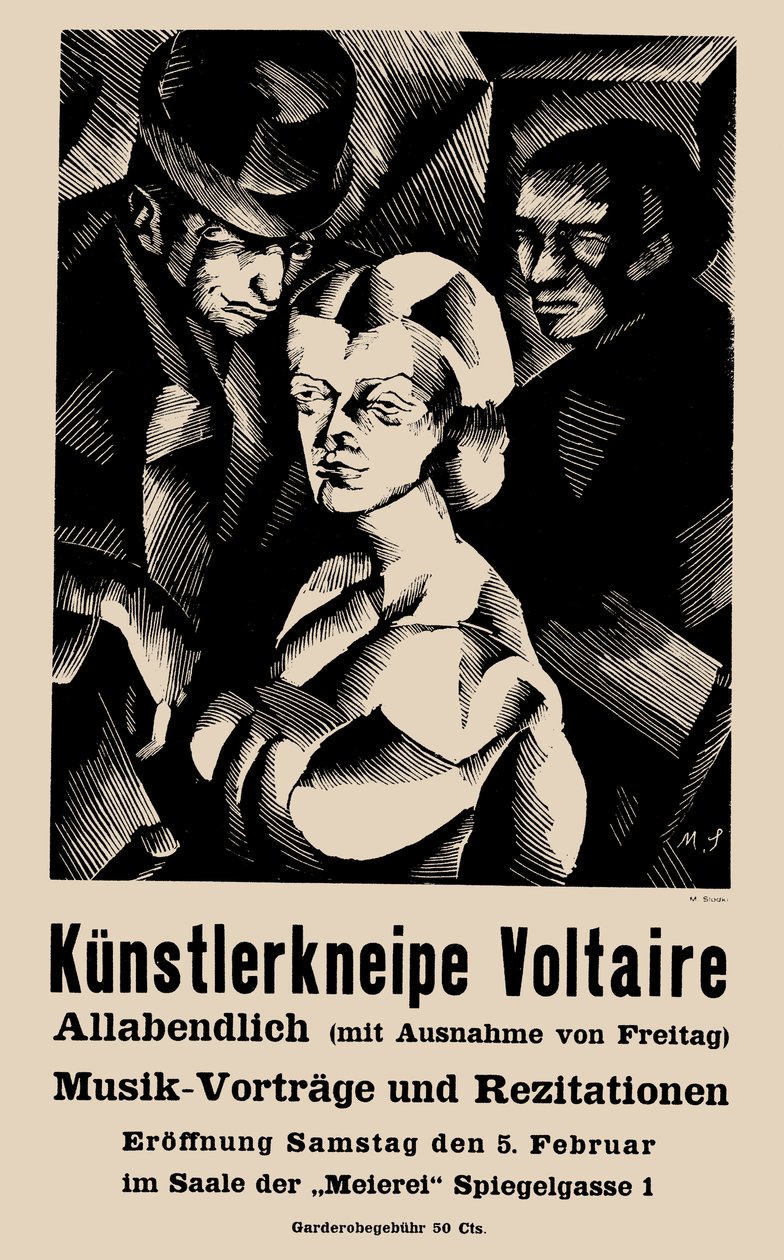 Plakát k otevření Cabaret Voltaire dne 1916-02-05 - Marcel Slodki (1892-1944). Litografie od Marcel Slodki