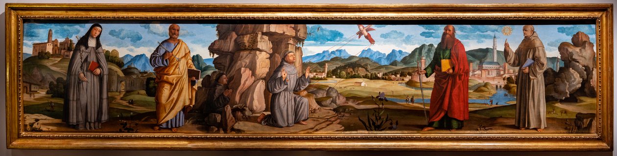 Svatý František přijímá stigmata mezi svatou Klárou a Petrem, blahoslaveným Bartolomějem z Breganze a sv. Pavlem a Bernardinem od Marcello Fogolino