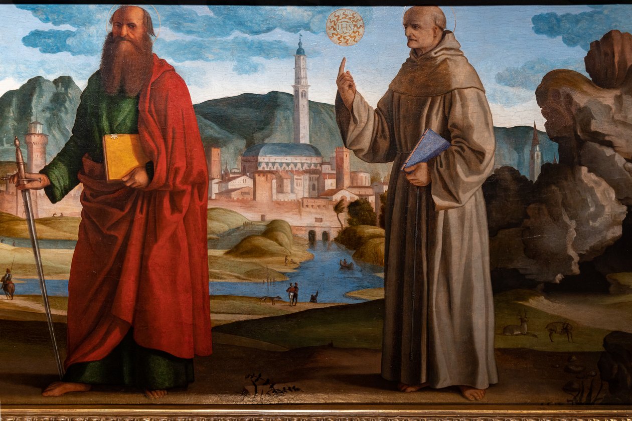 Sv. František přijímající stigmata mezi svatou Klárou a Petrem, blahoslaveným Bartolomějem z Breganze a sv. Pavlem a Bernardinem, detail od Marcello Fogolino