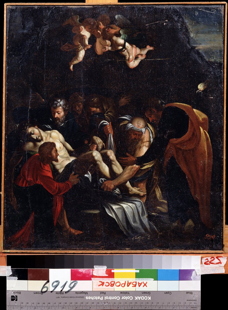 Sestup z kříže. Mezi postavami zastoupenými kolem těla Ježíše Krista: Panna Maria, svatá Marie Magdalena, svatý Josef z Arimatie a svatý Nikodém. Obraz Marcelle Venusti (1512 nebo 1515-1579). H od Marcello Venusti