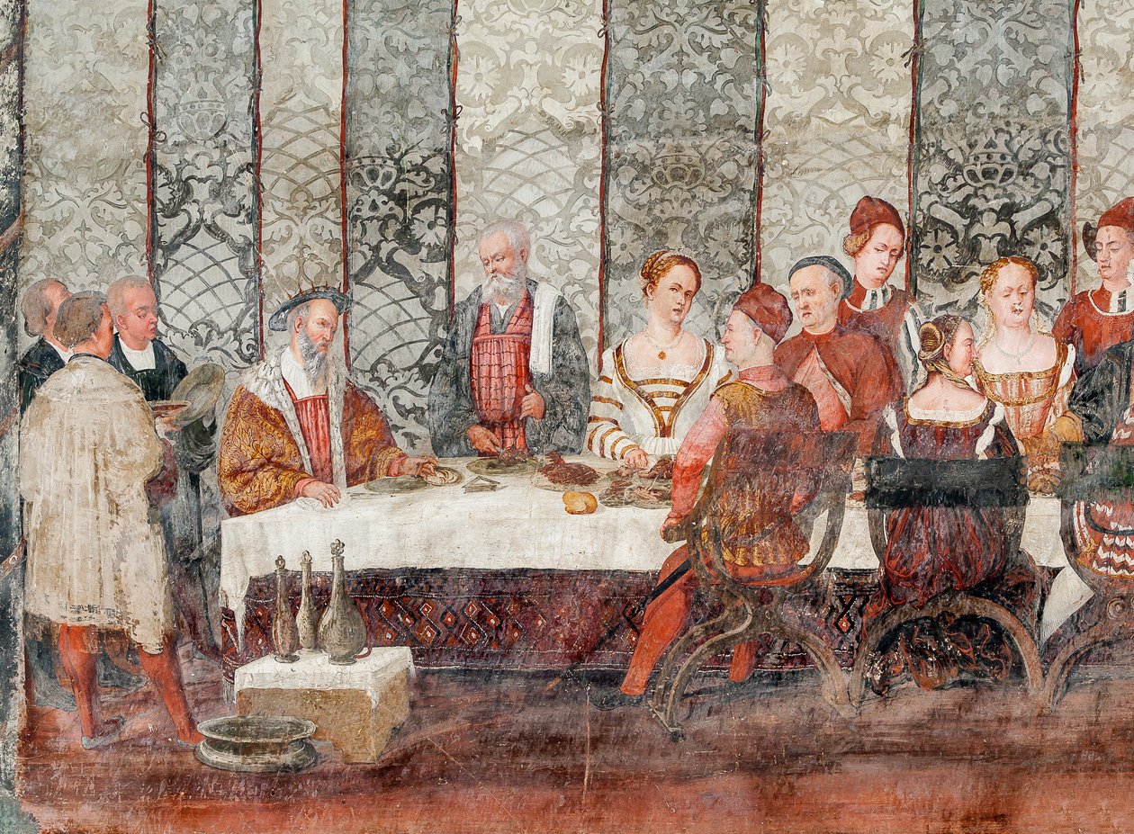 Banket, detail návštěvy Kristiána I. Dánského u Bartolomea Colleoniho, Síň cti od Marcello or Romani Girolamo (Romanino) (c.1485 c.1566) (attr.to) Fogolino