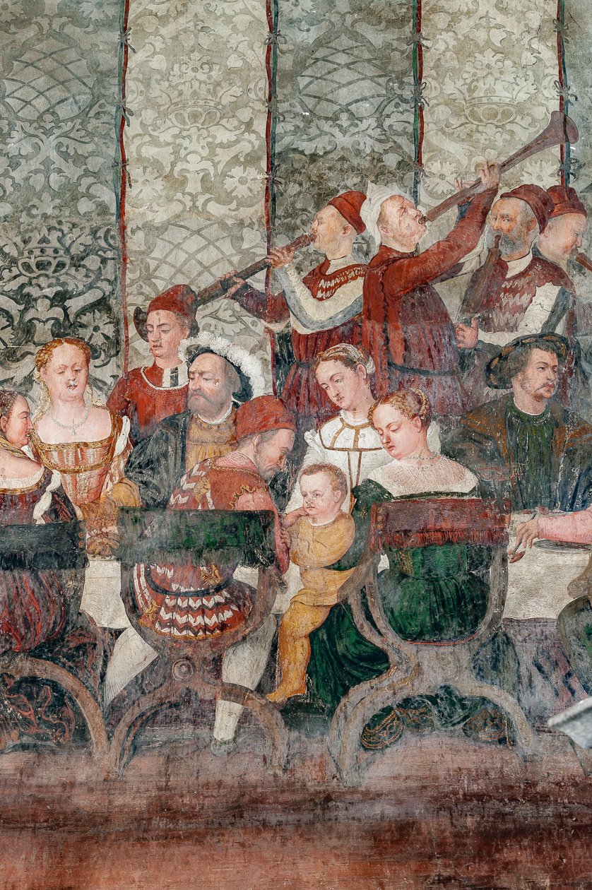 Banket, detail návštěvy Kristiána I. Dánského u Bartolomea Colleoniho, Síň cti od Marcello or Romani Girolamo (Romanino) (c.1485 c.1566) (attr.to) Fogolino