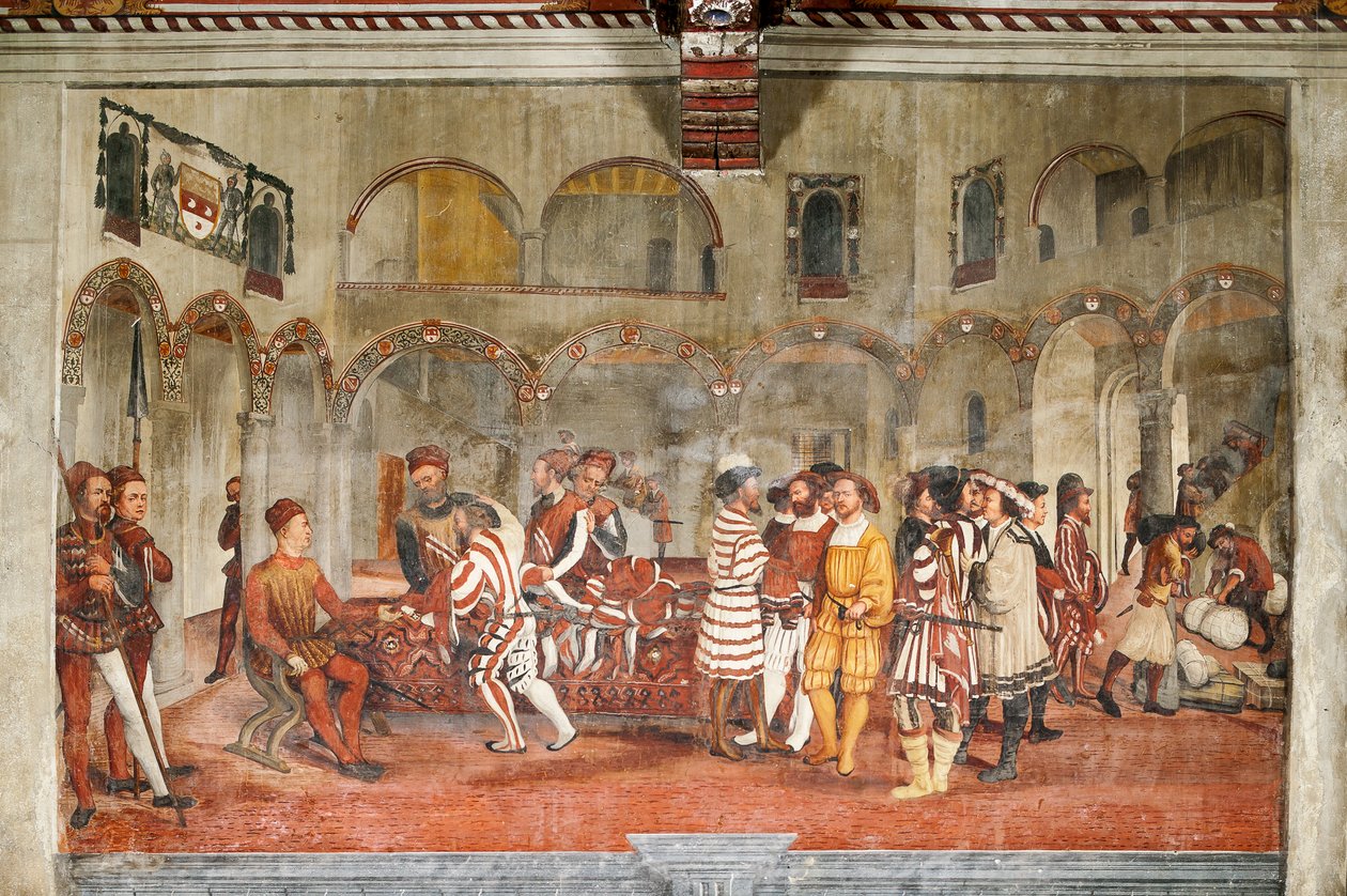 Lovecká scéna, detail návštěvy Kristiána I. Dánského u Bartolomea Colleoniho, Síň cti od Marcello or Romani Girolamo (Romanino) (c.1485 c.1566) (attr.to) Fogolino