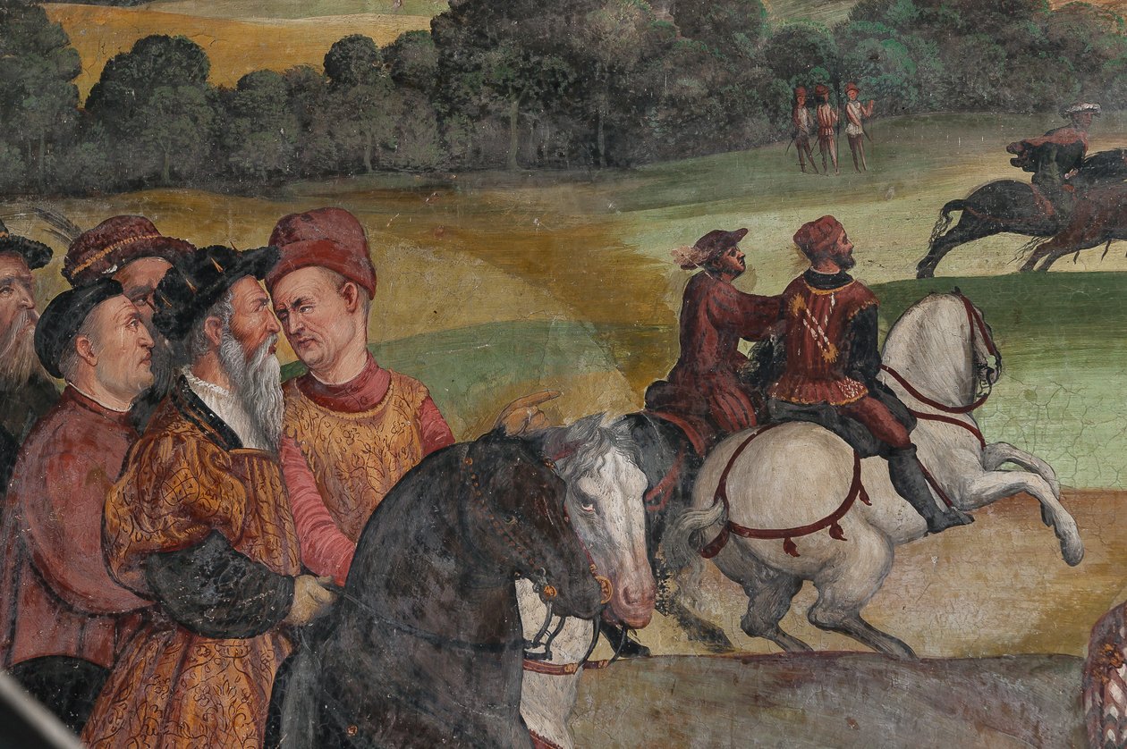 Lovecká scéna, detail návštěvy Kristiána I. Dánského u Bartolomea Colleoniho, Síň cti od Marcello or Romani Girolamo (Romanino) (c.1485 c.1566) (attr.to) Fogolino