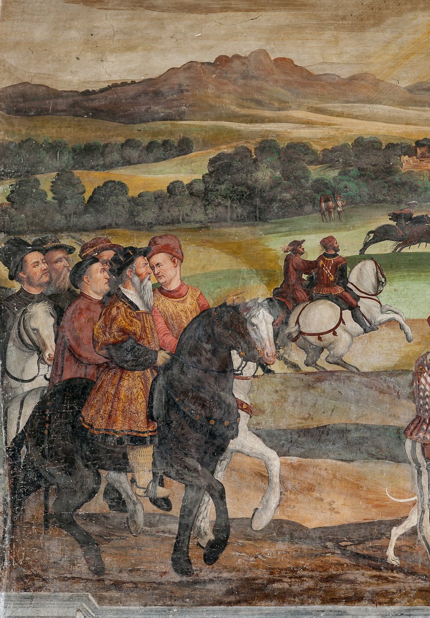 Lovecká scéna, detail návštěvy Kristiána I. Dánského u Bartolomea Colleoniho, Síň cti od Marcello or Romani Girolamo (Romanino) (c.1485 c.1566) (attr.to) Fogolino