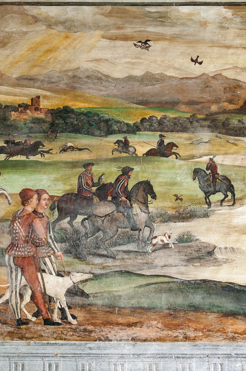 Lovecká scéna, detail návštěvy Kristiána I. Dánského u Bartolomea Colleoniho, Síň cti od Marcello or Romani Girolamo (Romanino) (c.1485 c.1566) (attr.to) Fogolino