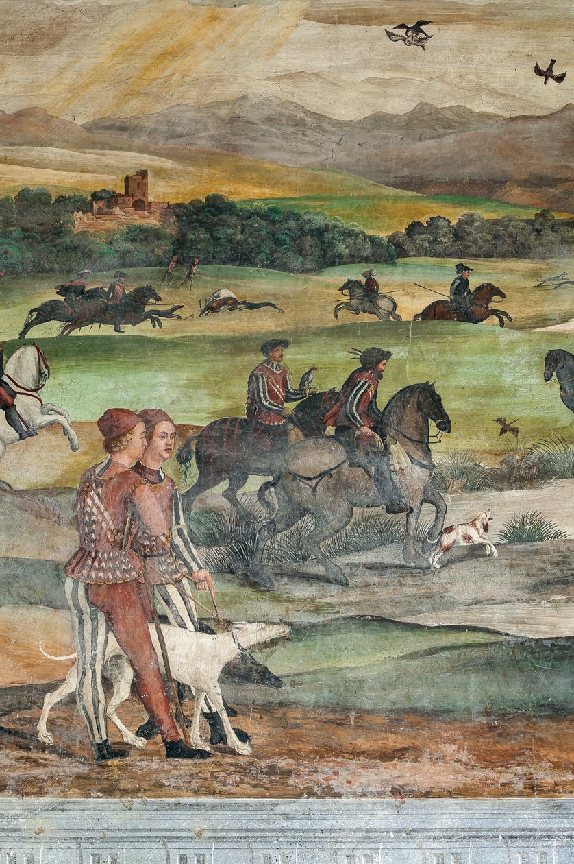 Lovecká scéna, detail návštěvy Kristiána I. Dánského u Bartolomea Colleoniho, Síň cti od Marcello or Romani Girolamo (Romanino) (c.1485 c.1566) (attr.to) Fogolino