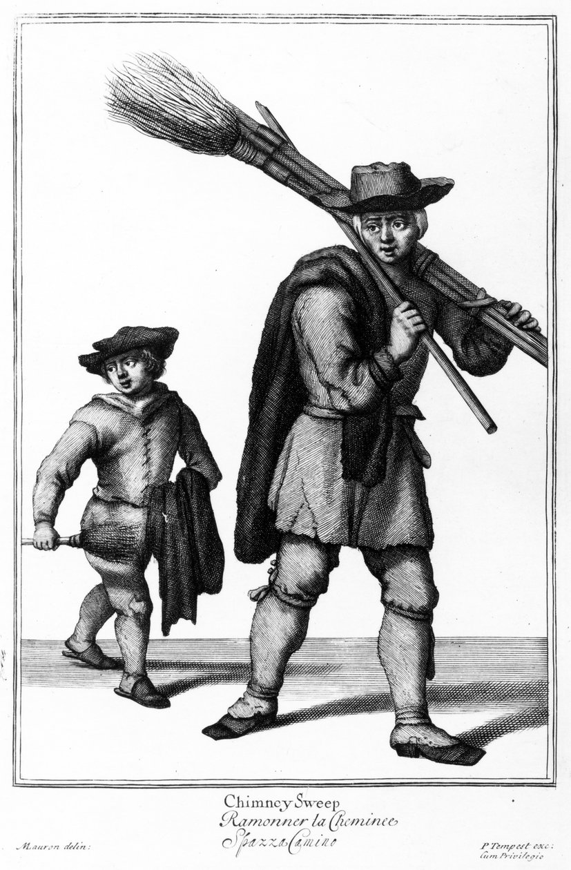 Kominík, ilustrace z knihy Pierce Tempesta "The Cryes of London", vydané kolem roku 1688 od Marcellus or Marcel Lauron