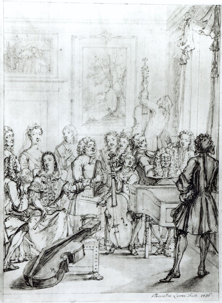 Koncert v Montague House, 1736 (pero a inkoust přes tužku na papíře) od Marcellus the Younger Laroon