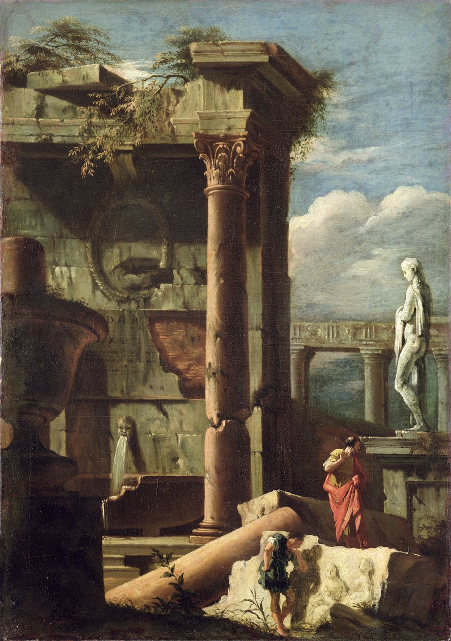 Starověká budova se sochou a dekorativními figurami, 1720-25 od Marco Ricci