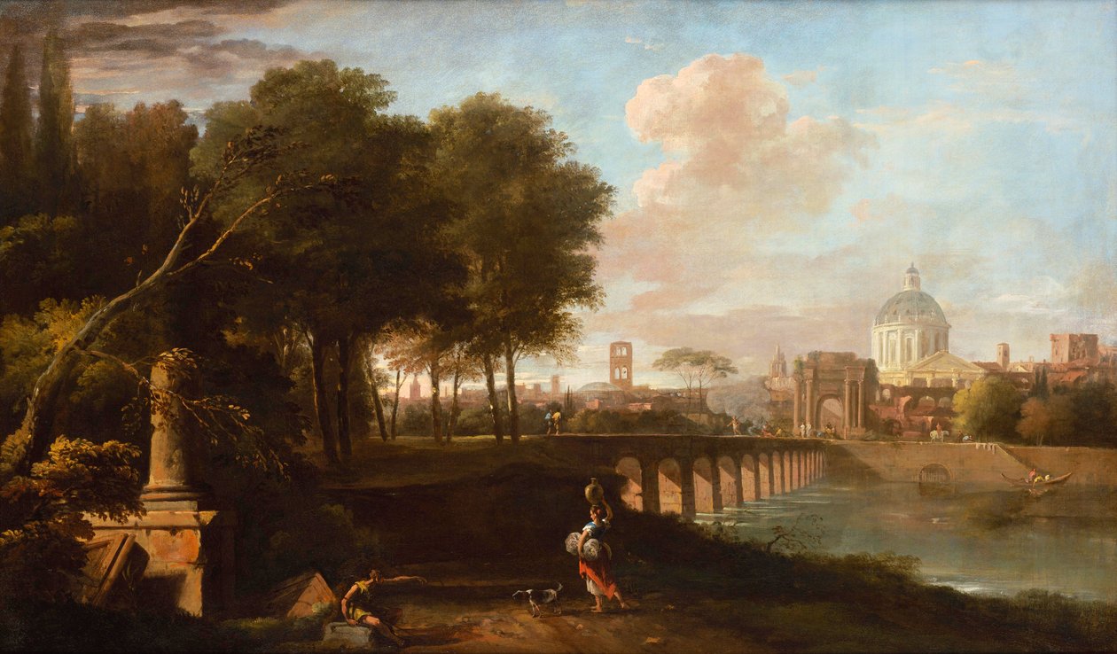 Klasická krajina, s Wrenovou kupolí King Charles Court, nemocnice Greenwich (dnes Royal Naval College, Greenwich), kolem roku 1710 od Marco Ricci